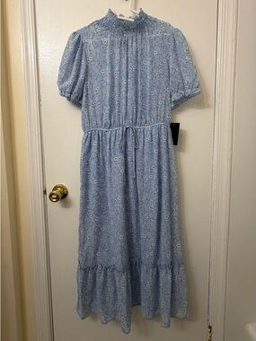 Scalloped Neck Blue Floral Midi Dress with Drawstring Waist